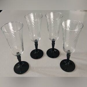 Vintage Luminarc France Optic Swirl Black Stem Wine Champagne Glasses‎ Set Of 4